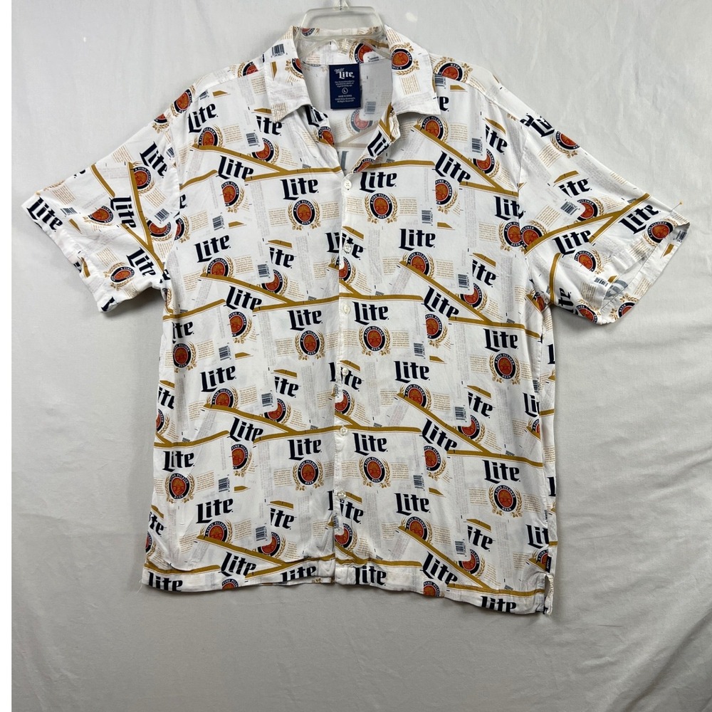 Miller Lite Beer Label Button Down Shirt Mens Large White Rayon Short Sleeve